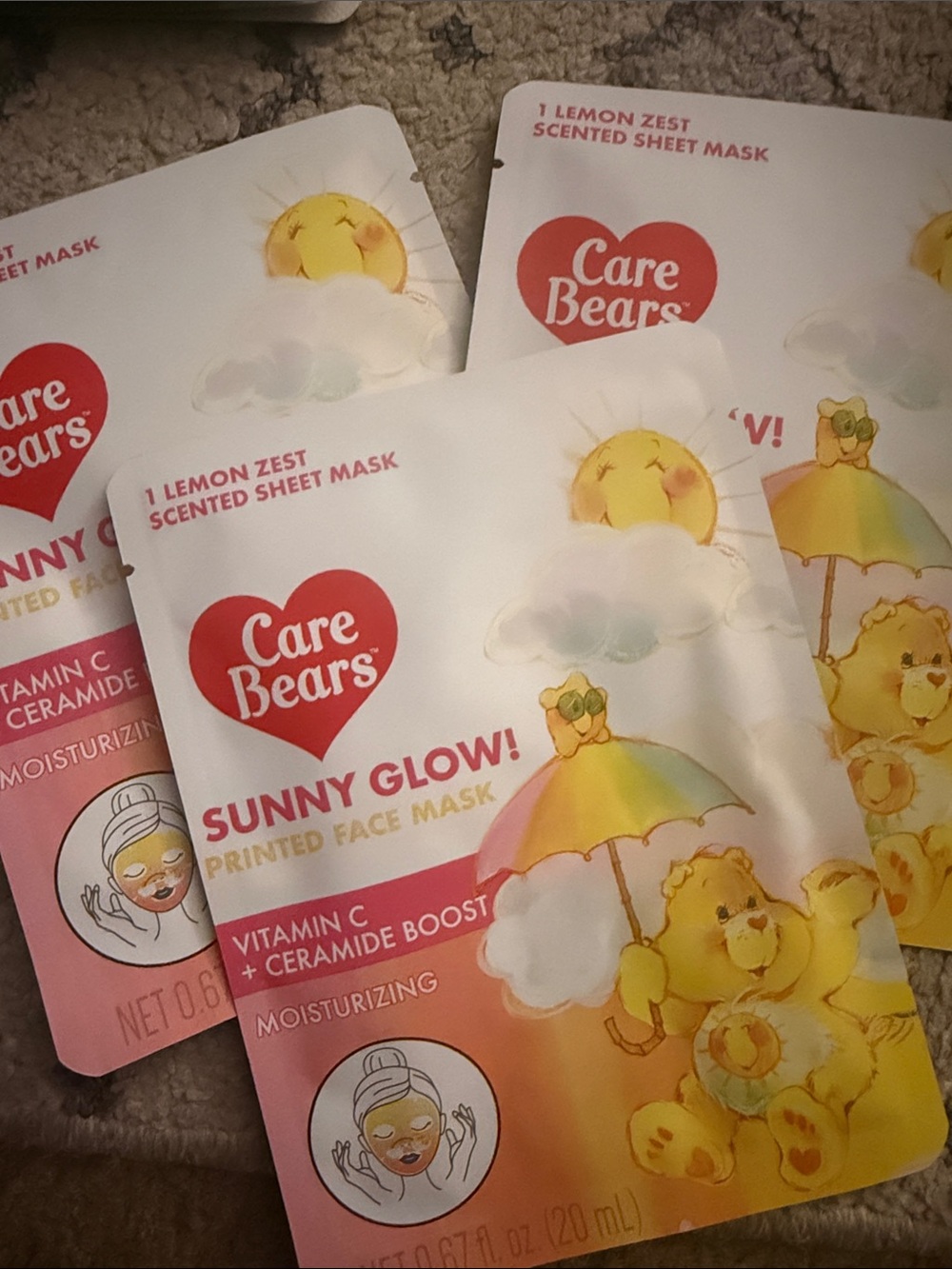 5/$25 Care Bears Sunny Glow! Lemon Zest Scented Sheet Mask - set of 3